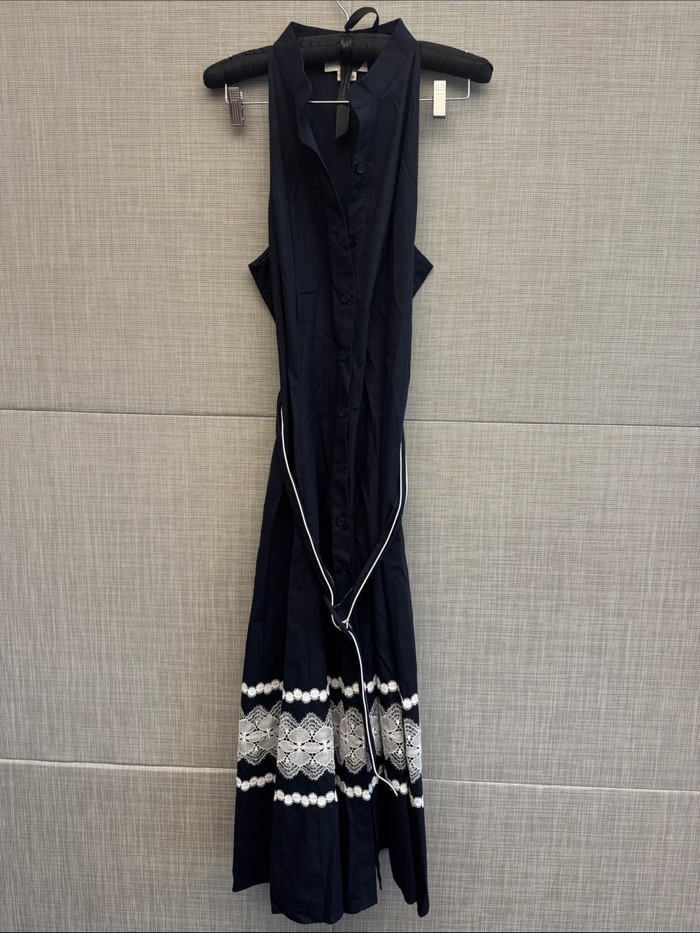 Sachin + Babi Navy Sleeveless Button-Front Maxi with White Embroidered Hem